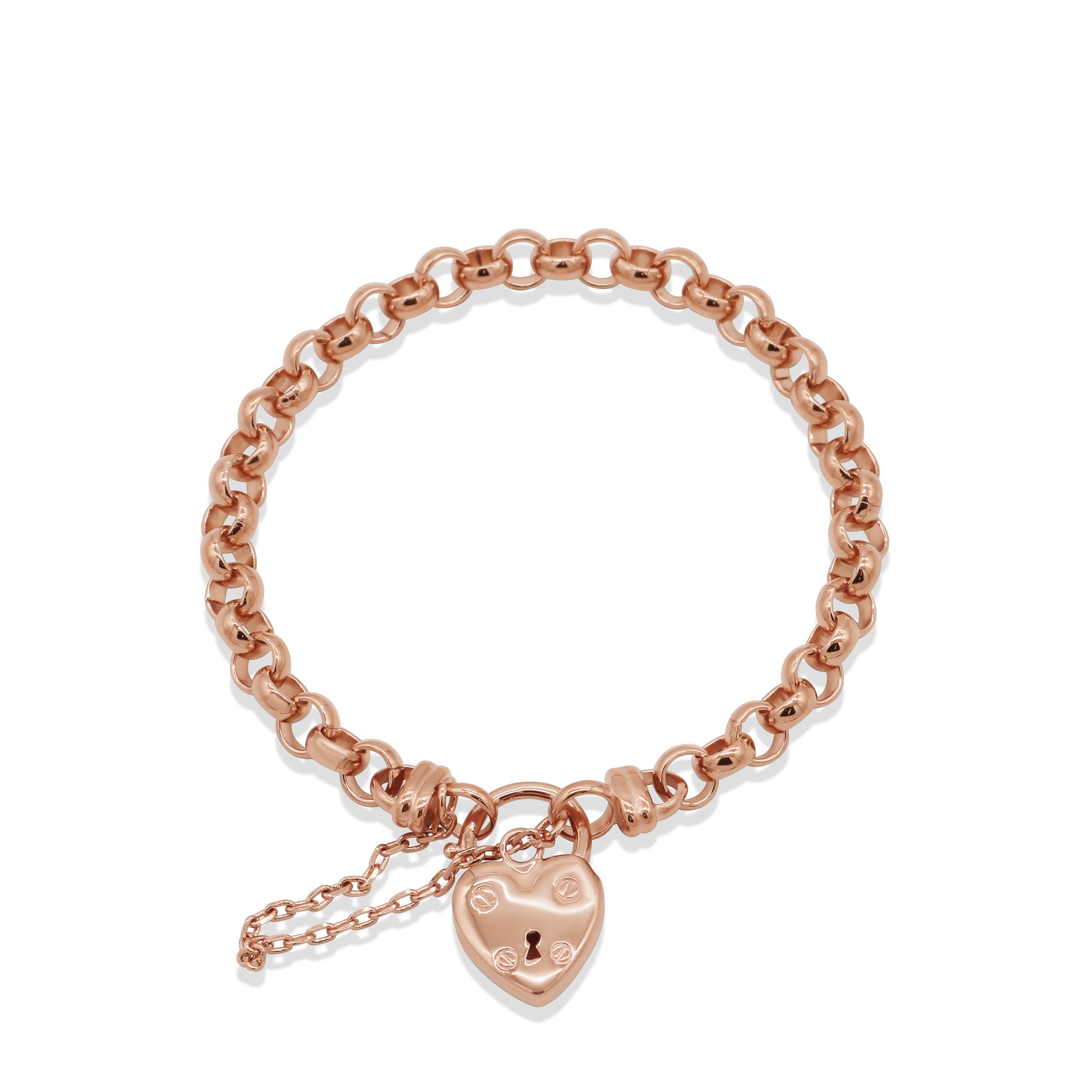 18ct Heavy Rose Gold Plated 6mm Belcher Chain Bracelet with a Small Plain Heart Locket - USA Made