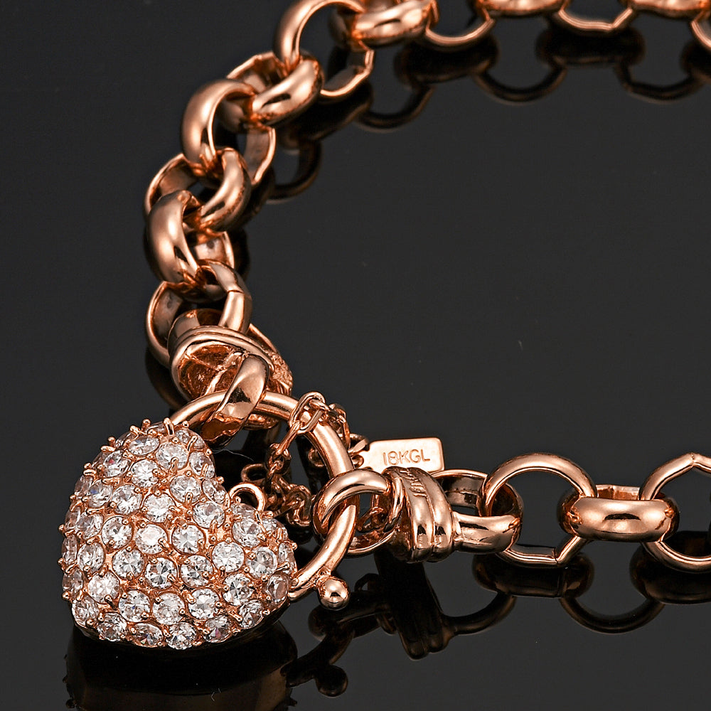 18ct Heavy Rose Gold Plated 10mm Belcher Chain Bracelet Featuring a Simulated Diamond Locket - USA Made