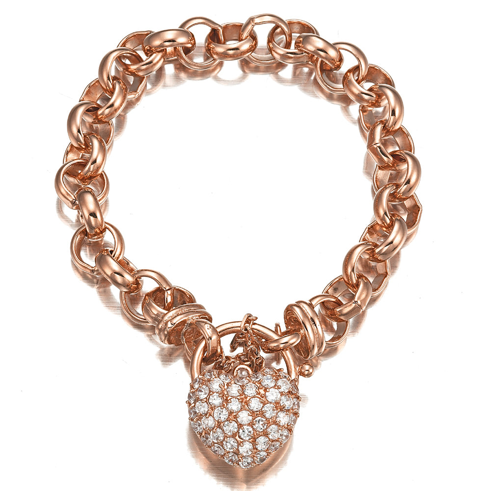 18ct Heavy Rose Gold Plated 10mm Belcher Chain Bracelet Featuring a Simulated Diamond Locket - USA Made