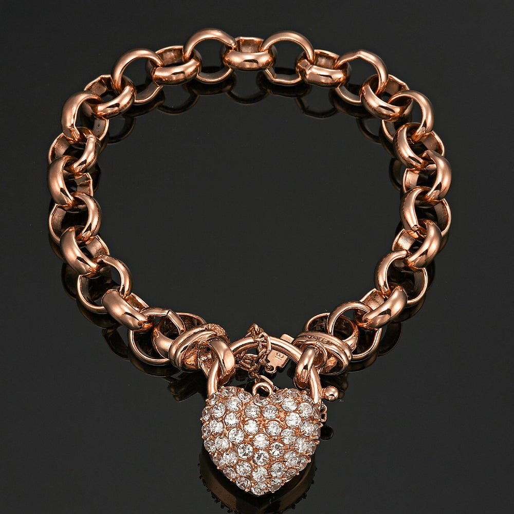 18ct Heavy Rose Gold Plated 10mm Belcher Chain Bracelet Featuring a Simulated Diamond Locket - USA Made