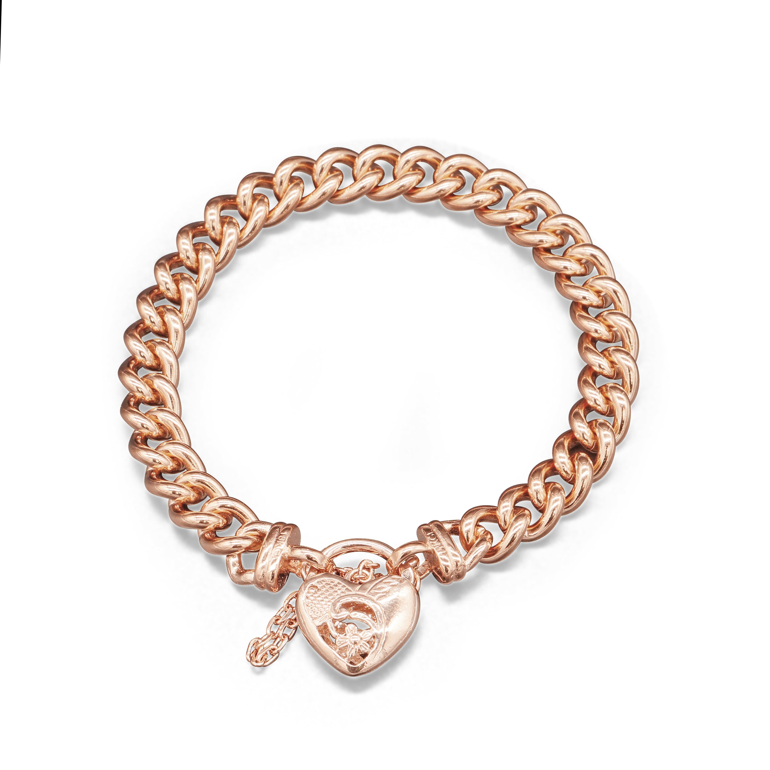 18ct Heavy Rose Gold Plated 8mm Euro Chain Bracelet with a Vegas Heart Locket - USA Made