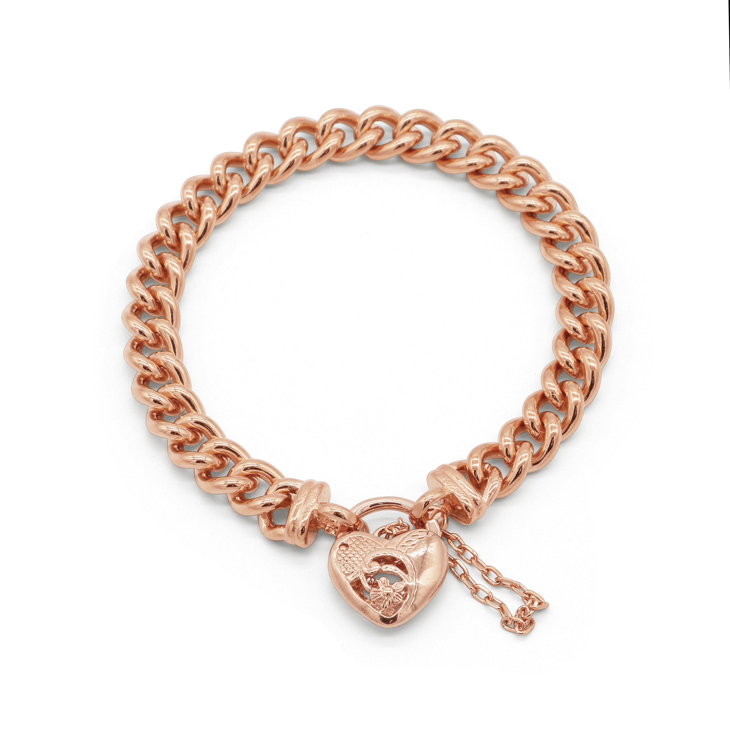 18ct Heavy Rose Gold Plated 8mm Euro Chain Bracelet with a Vegas Heart Locket - USA Made