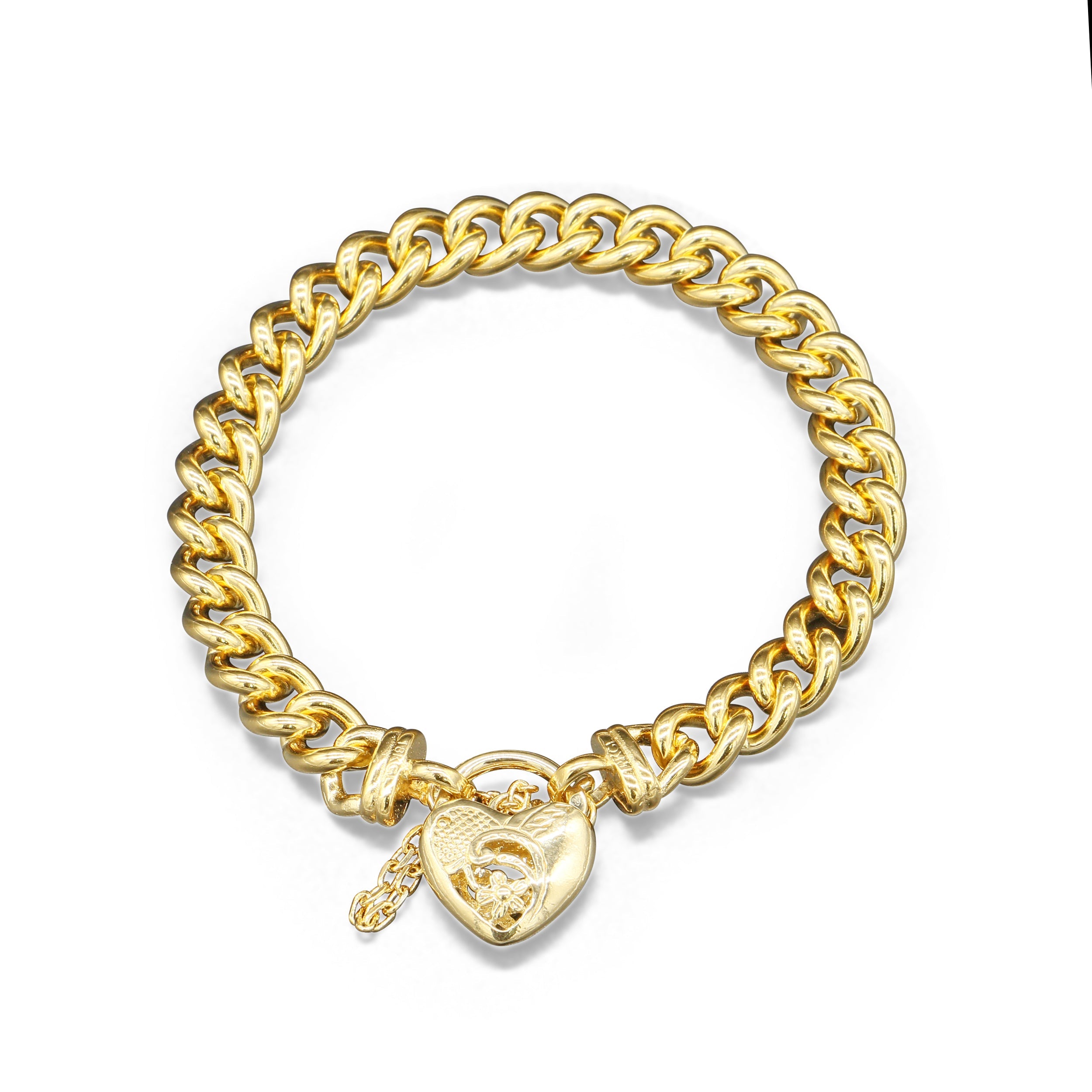18ct Heavy Yellow Gold Plated 8mm Euro Chain Bracelet with a Vegas Heart Locket - USA Made
