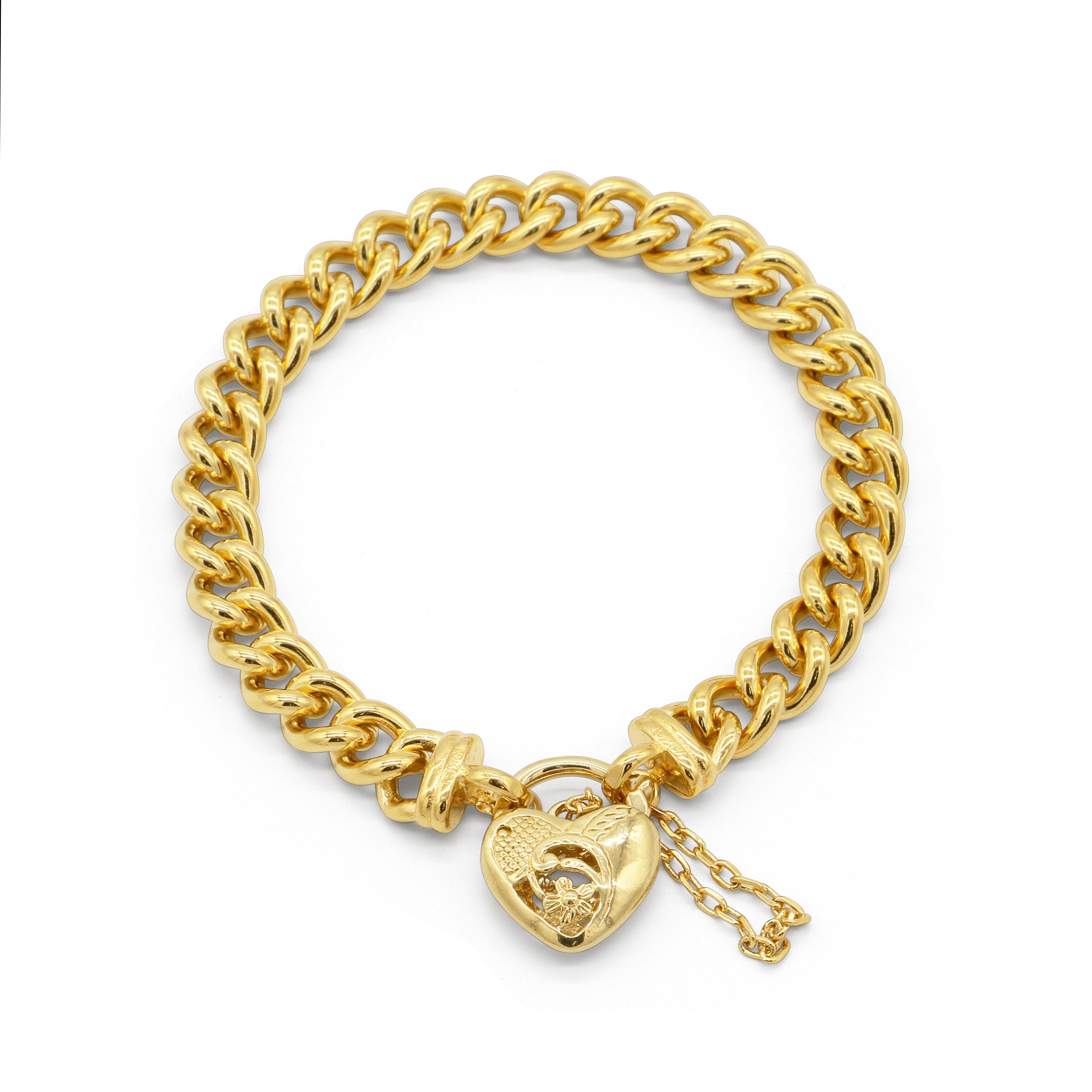 18ct Heavy Yellow Gold Plated 8mm Euro Chain Bracelet with a Vegas Heart Locket - USA Made